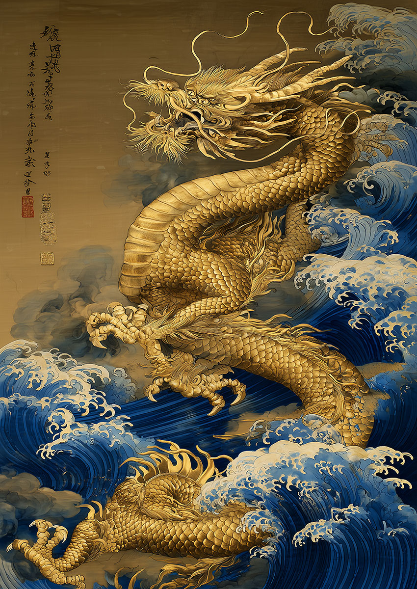 A majestic golden dragon rising through large, stylised blue ocean waves in an oriental art style