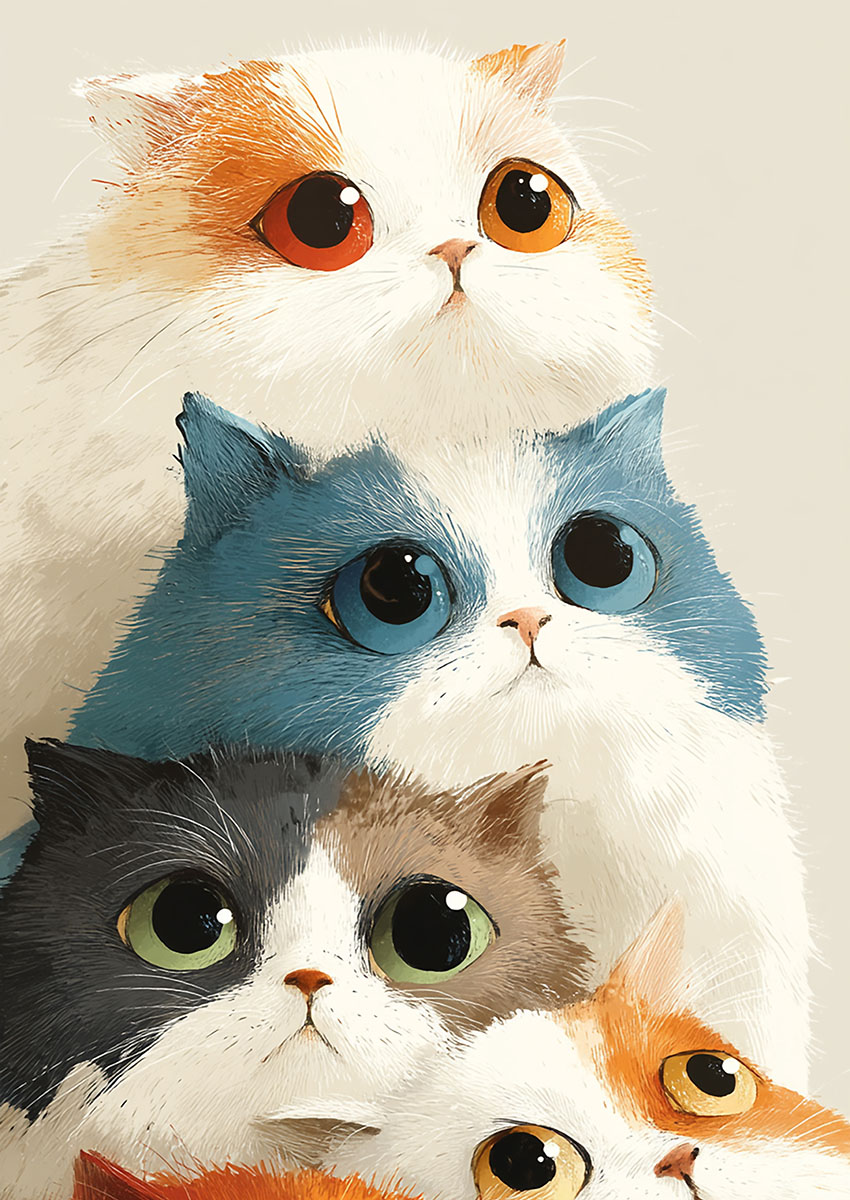 A whimsical artistic illustration of a stack of four cute cats with large expressive eyes