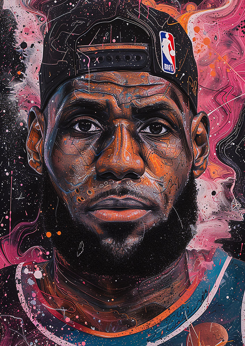 Dramatic artwork of a basketball player portrait with vibrant colours and dynamic brushstrokes.