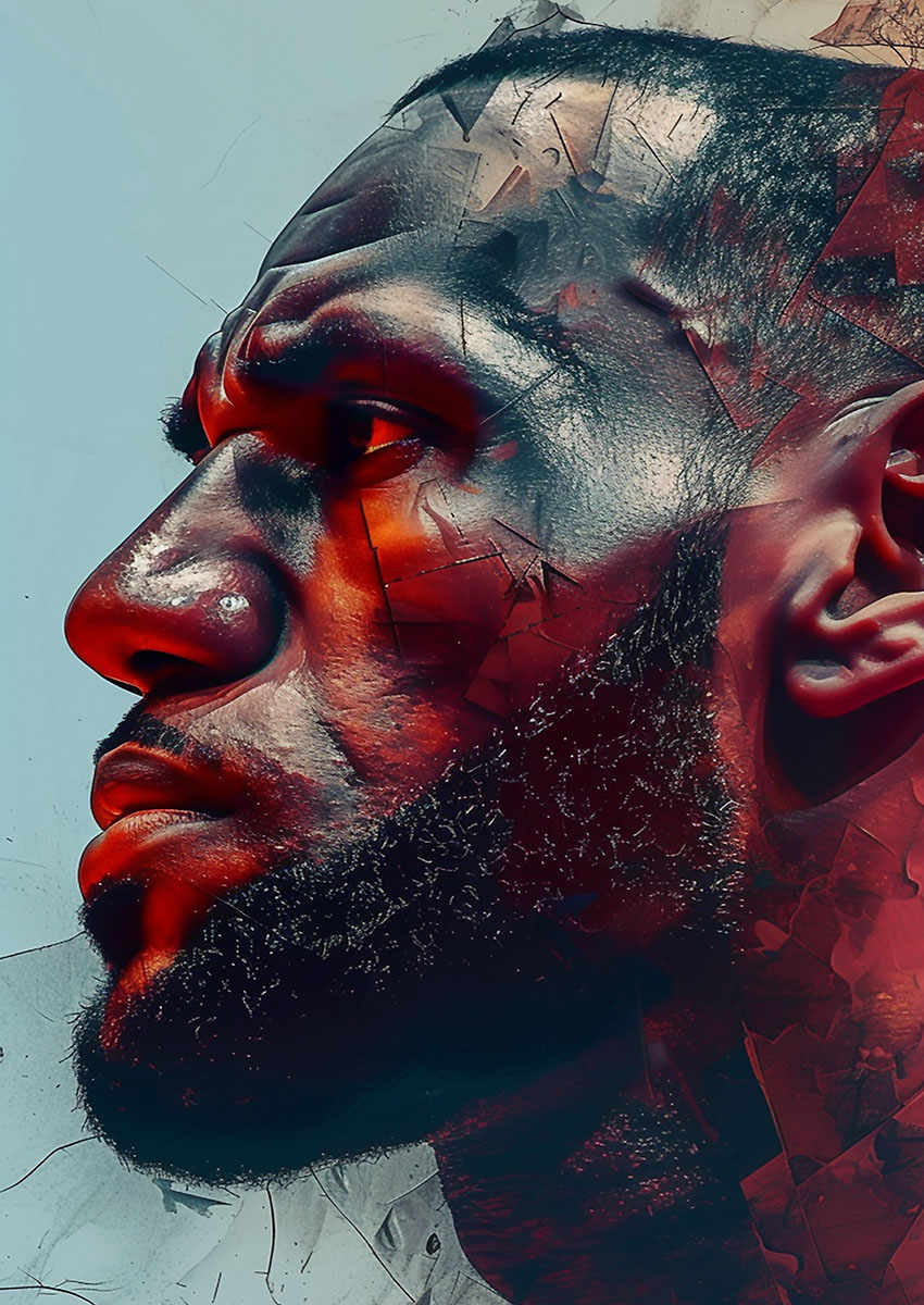 Dramatic artwork of a basketball player profile showcasing athletic determination and artistry.