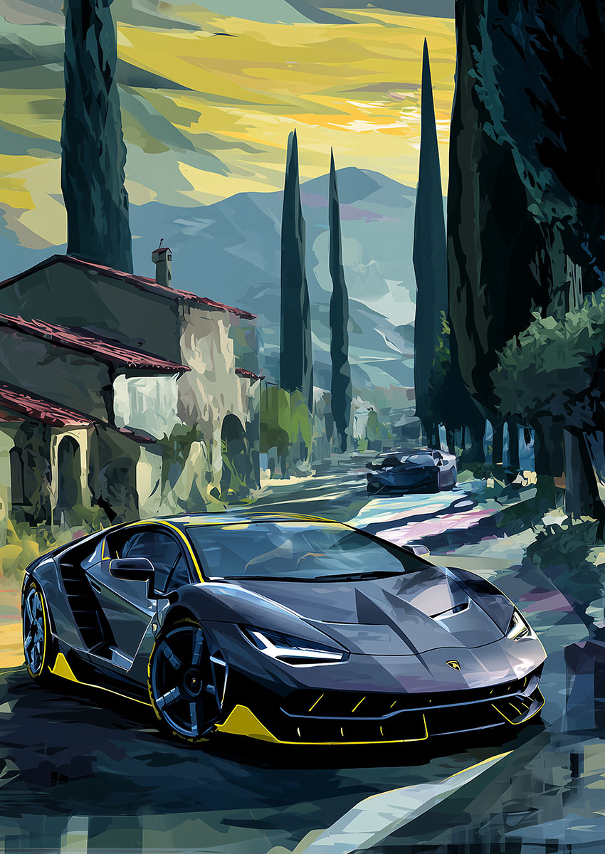 Dramatic artwork of a Lamborghini Centenario parked on a scenic road with cypress trees in the background.
