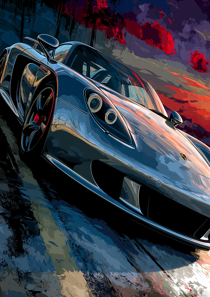 Dramatic artwork of a Porsche Carrera GT sports car against a scenic sunset backdrop.