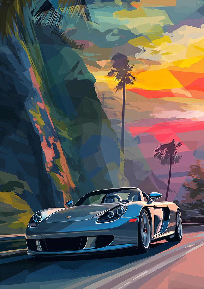 Stylish artwork of a Porsche Carrera GT style sports car against a vibrant sunset backdrop.