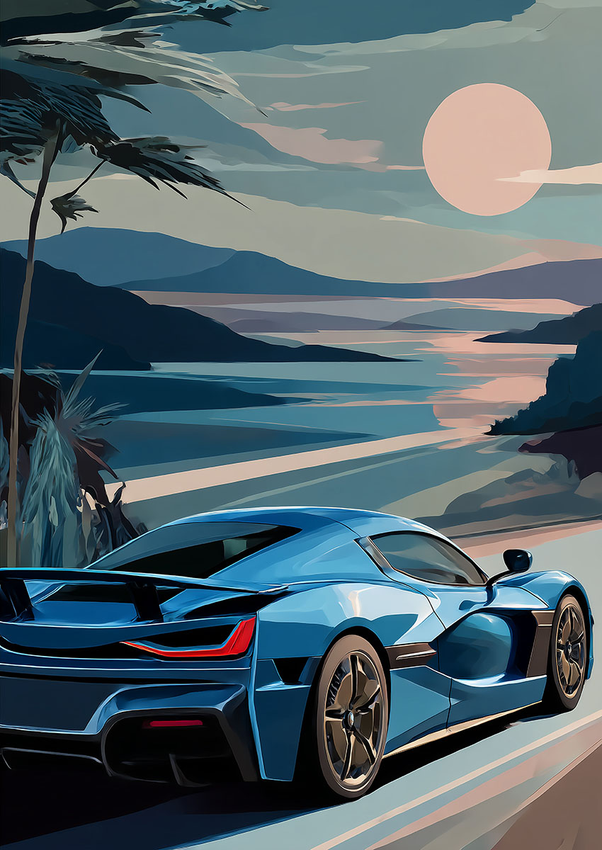Dramatic artwork of a Rimac Nevera style electric sports car against a serene landscape with a rising moon.