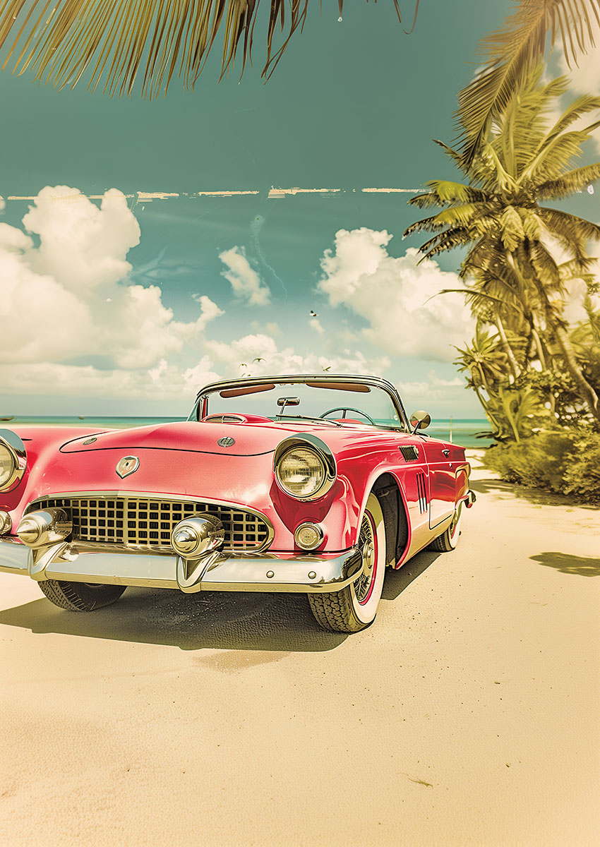 Bright Pink Classic Convertible Car Canvas Print & Poster Wall Art - AI PRINT LAB