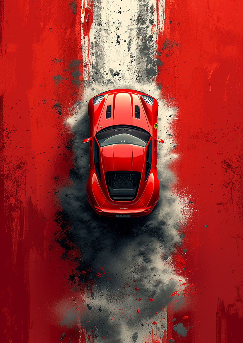Dynamic artwork of a vibrant red sports car kicking up dust on a dramatic background.