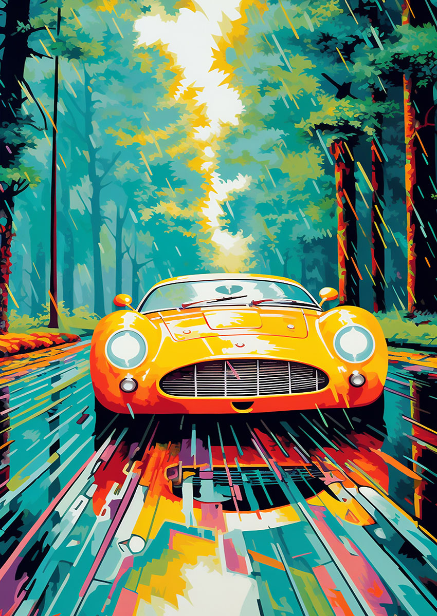 Dramatic artwork of a bright yellow sports car on a rainy road with vibrant forest surroundings.