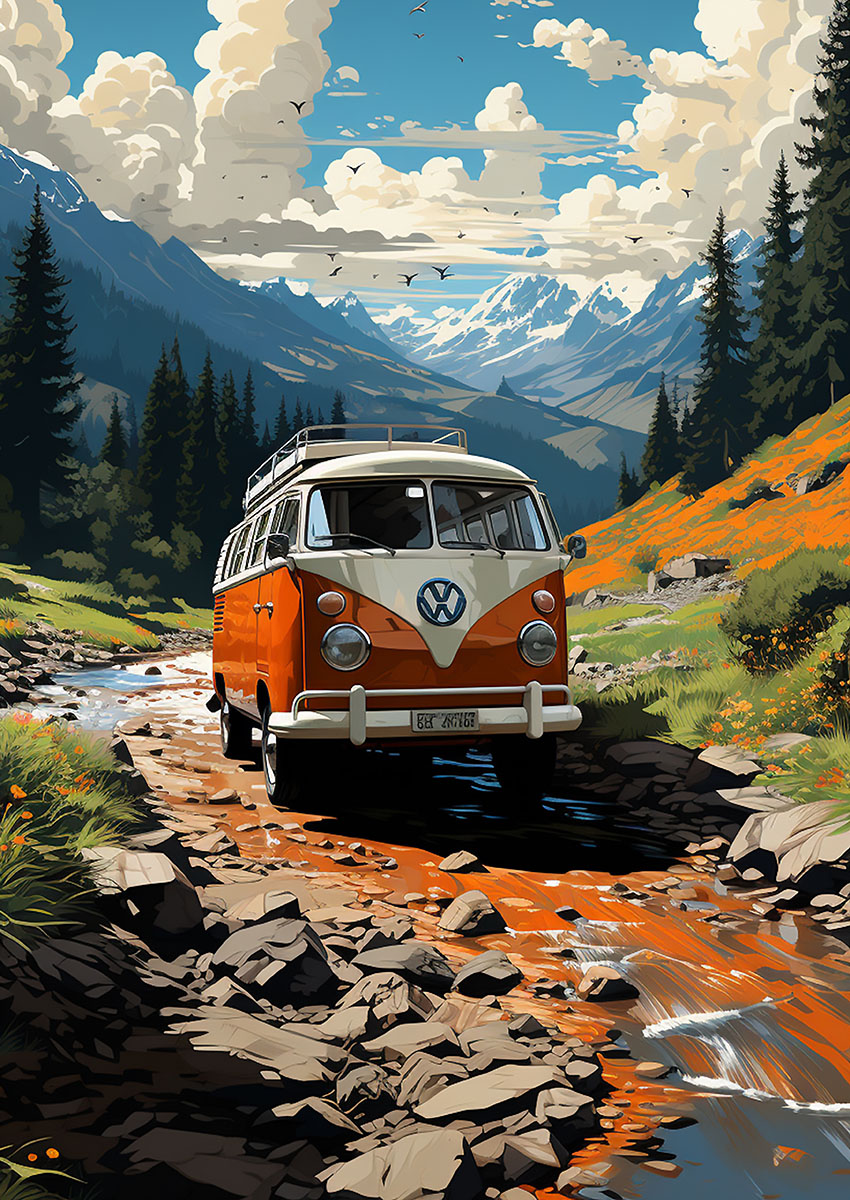 Bright Orange Volkswagen Type 2 Microbus Canvas Print & Poster Wall Art - AI PRINT LAB