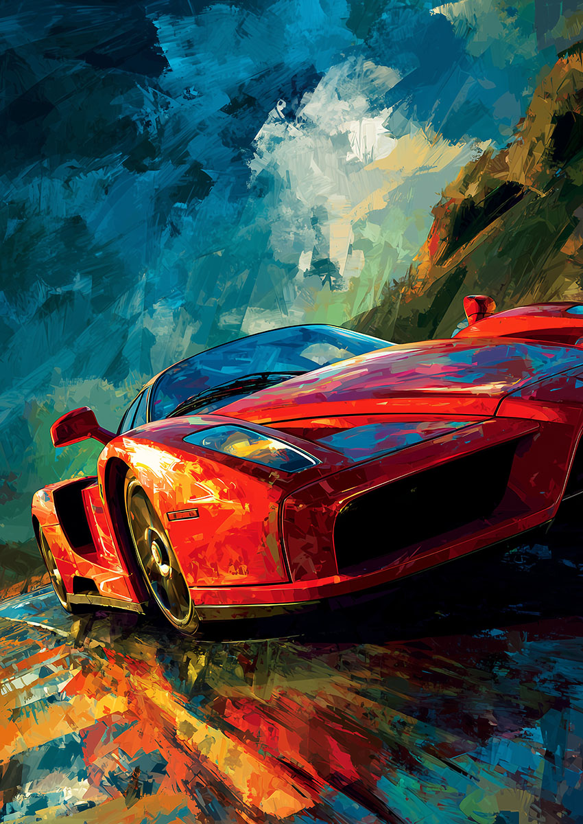Vibrant artwork of a Ferrari FXX style sports car on a wet road with dramatic sky.
