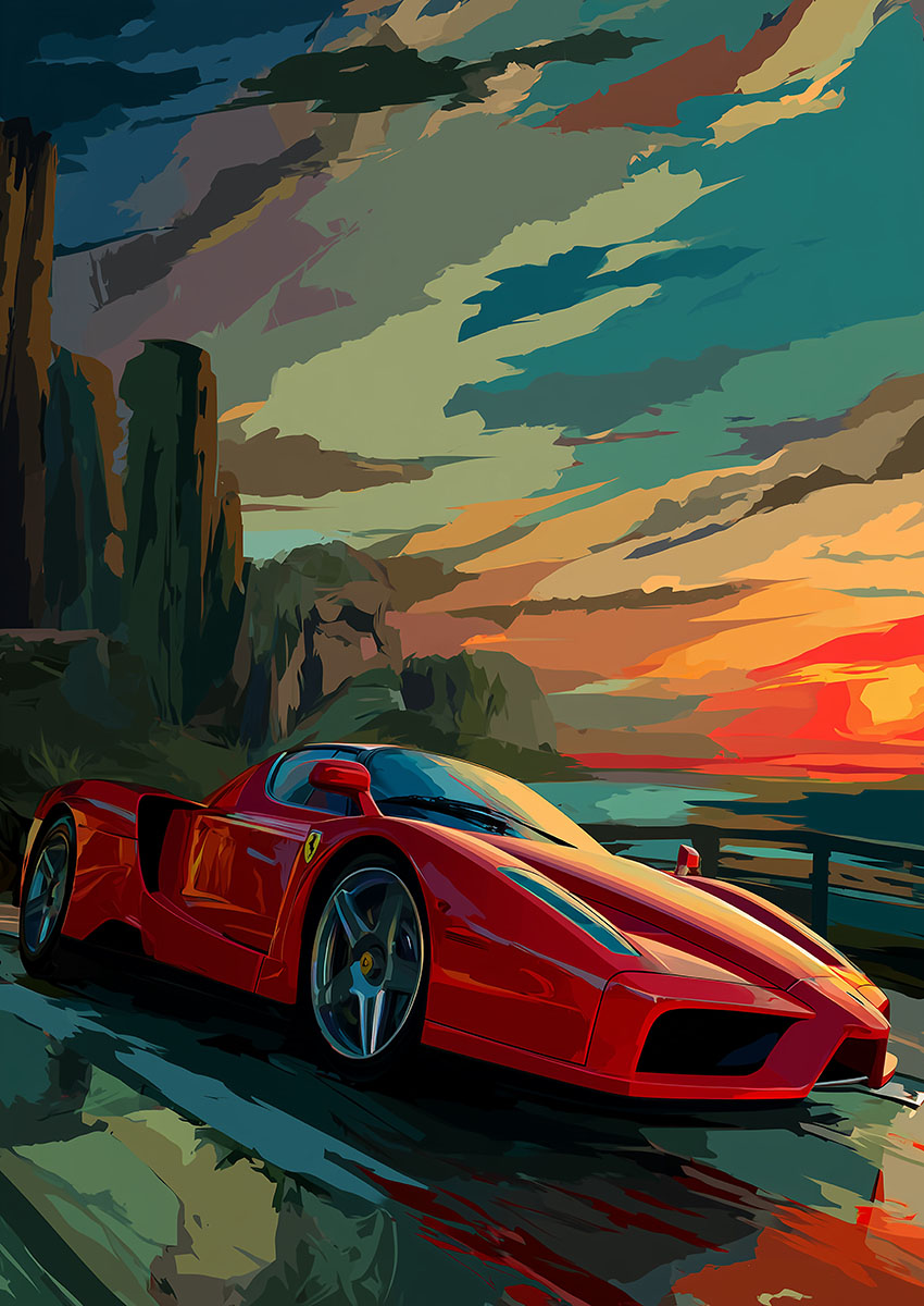 Dramatic artwork of a Ferrari Enzo style sports car against a vibrant sunset backdrop.