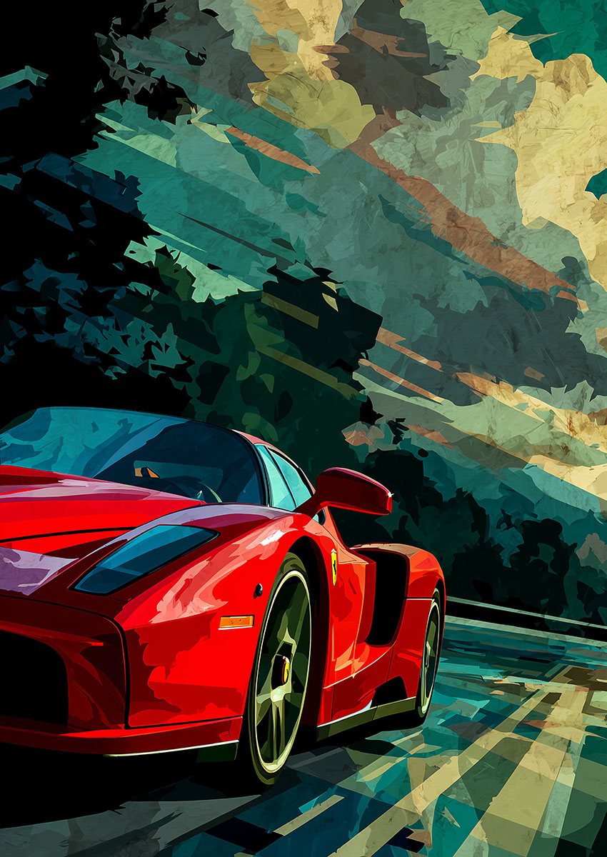 Dynamic artwork of a Ferrari Enzo with a blurred scenic background.