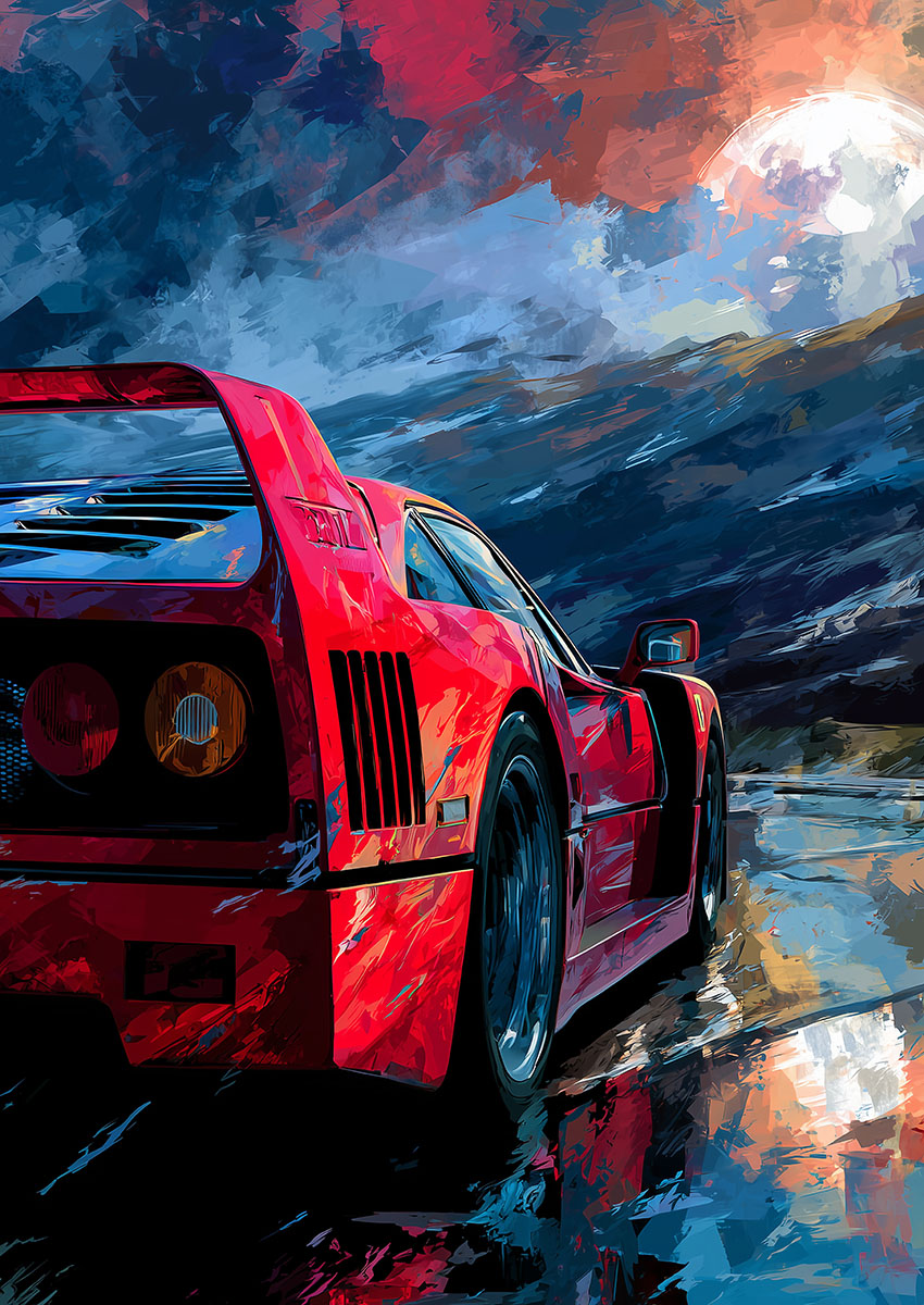 Dramatic artwork of a Ferrari F40 style sports car against a vibrant stormy sky.
