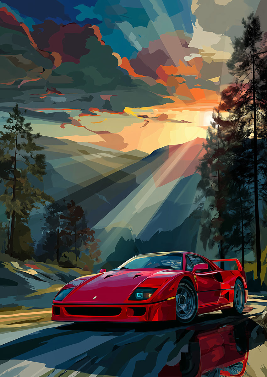 Dynamic artwork of a Ferrari F40 style sports car in a scenic mountain landscape during sunset.