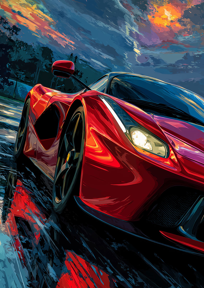 Dramatic artwork of a LaFerrari sports car captured on a wet street at sunset.