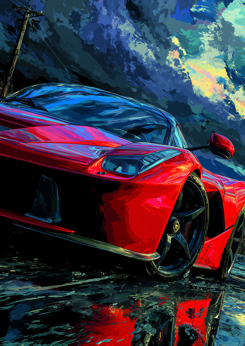 Dramatic artwork of a Ferrari LaFerrari glistening on a wet street with dark stormy clouds overhead.
