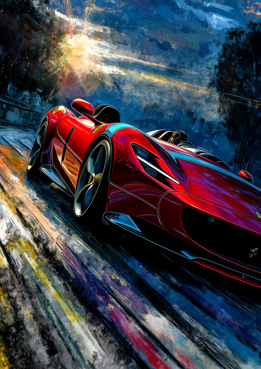 Dramatic artwork of a Ferrari Monza Spider racing through a vibrant landscape at sunset.
