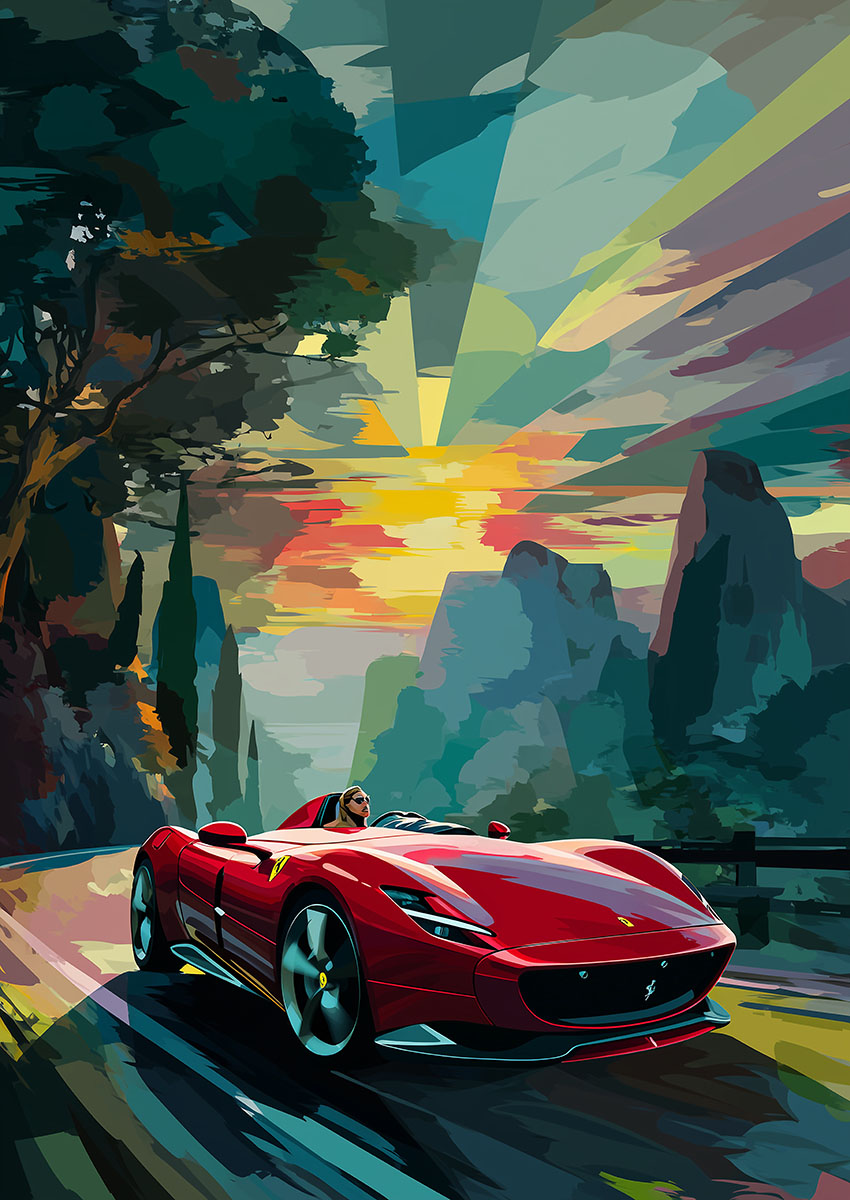 Dramatic artwork of a Ferrari 812 GTS driving through a vibrant landscape at sunset.