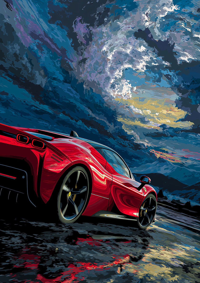 Vibrant artwork of a Ferrari LaFerrari parked on a wet surface with dramatic skies in the background.