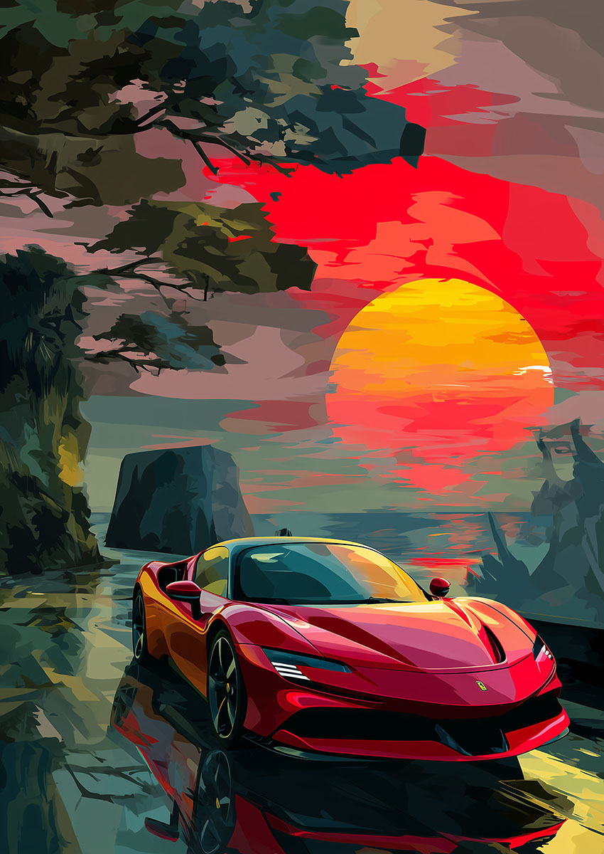 Dramatic artwork of a Ferrari style sports car against a vibrant sunset backdrop.