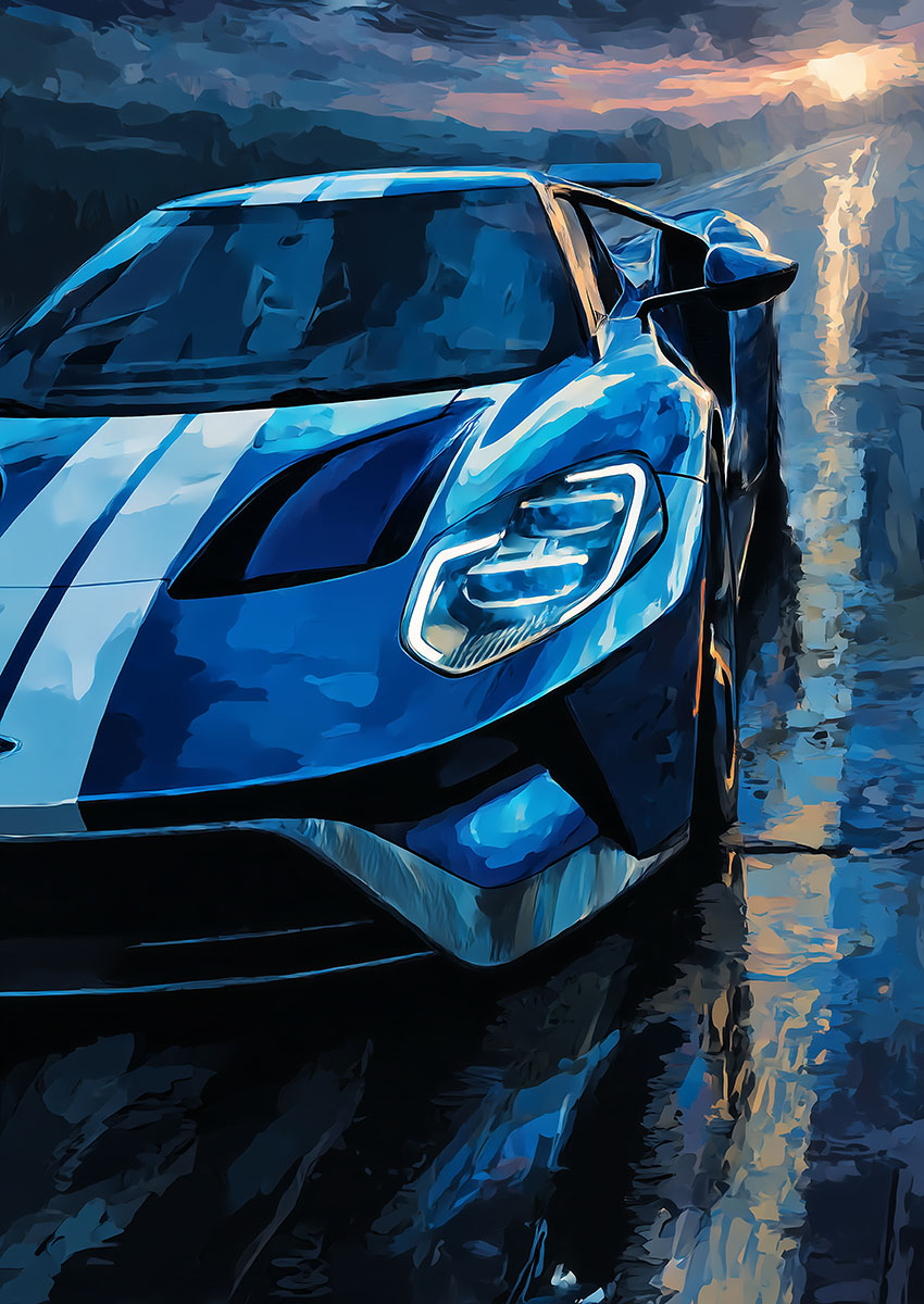 Dramatic artwork of a Ford GT style sports car on a wet road with a vibrant sunset background.