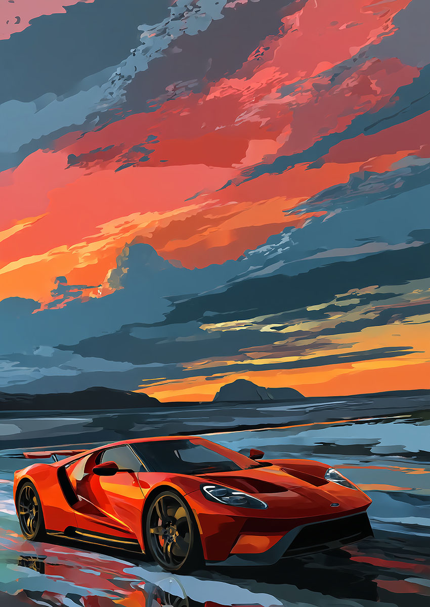 Dramatic artwork of a Ford GT style sports car against a vibrant sunset backdrop.