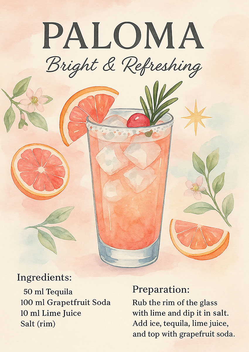 Vibrant illustration of a Paloma cocktail with grapefruit slices and rosemary in soft pastels.