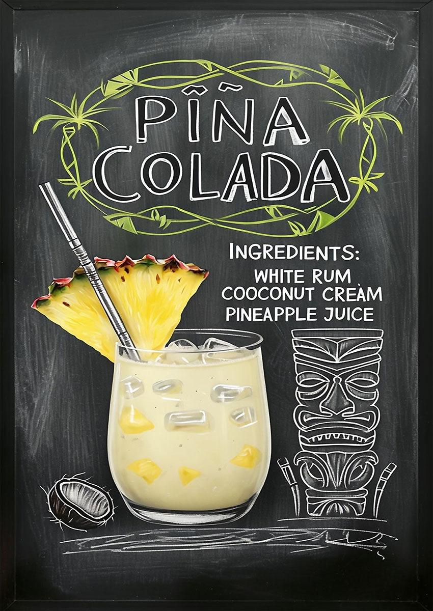 Artistic illustration of a Piña Colada cocktail with pineapple on a black chalkboard background.