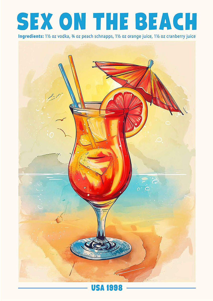 Vibrant artwork of a Sex on the Beach cocktail served with fruit garnishes and ice