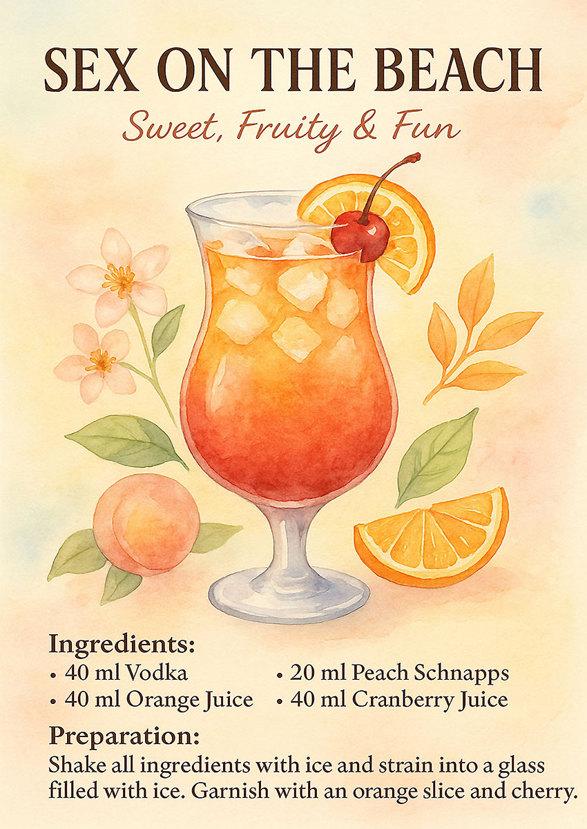 Artistic illustration of a Sex on the Beach cocktail in a glass, surrounded by peach and orange slices.