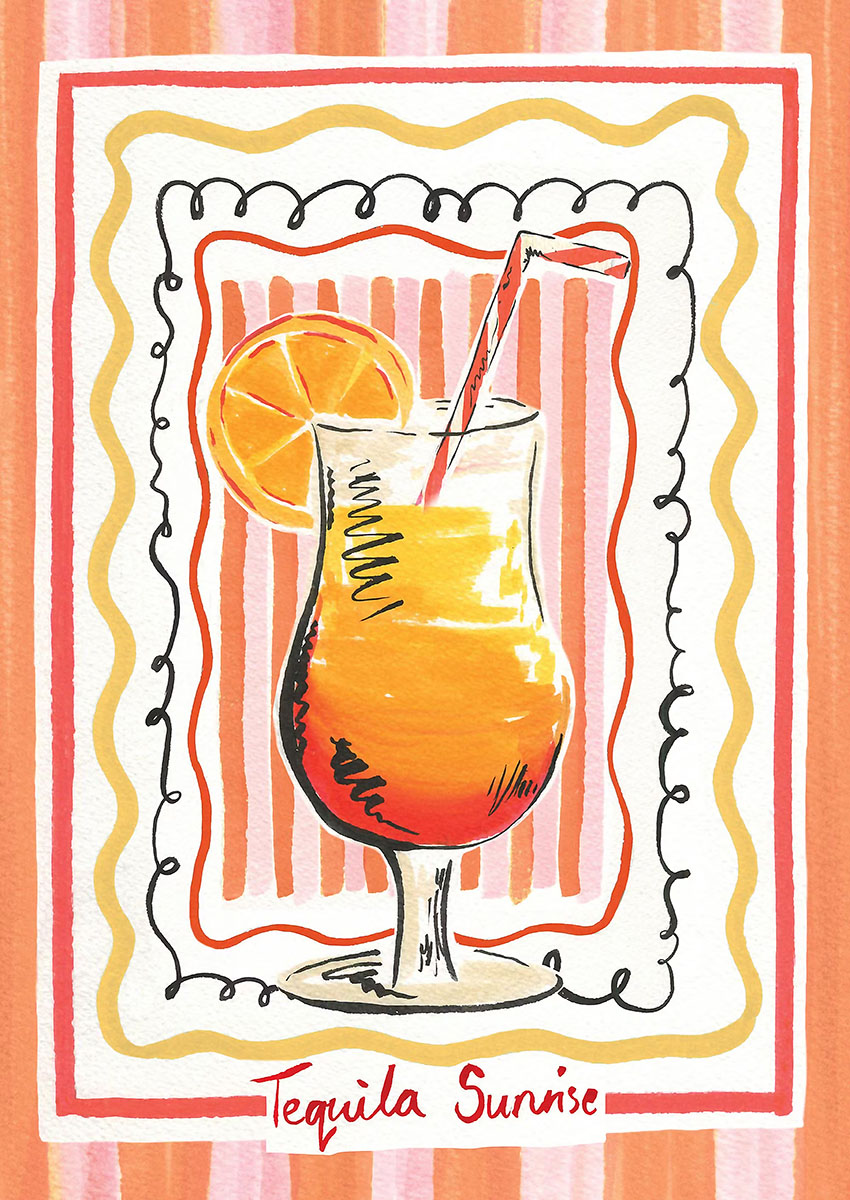 Vibrant artwork of a Tequila Sunrise cocktail in a stylish glass with an orange slice on a pastel background.