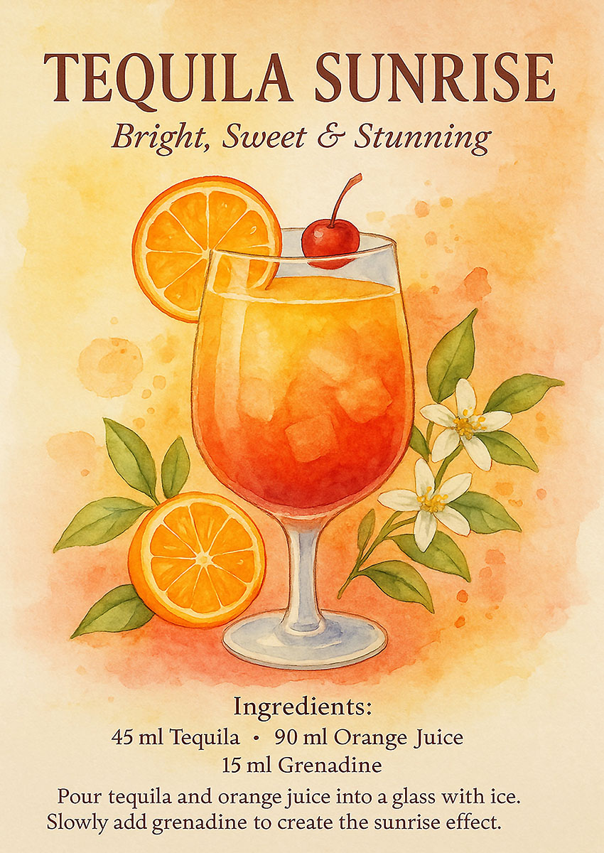 Vibrant illustration of a Tequila Sunrise cocktail with oranges and cherry