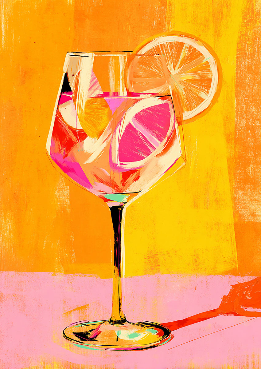Vibrant artwork of a cocktail glass with lemon slices against an orange background.