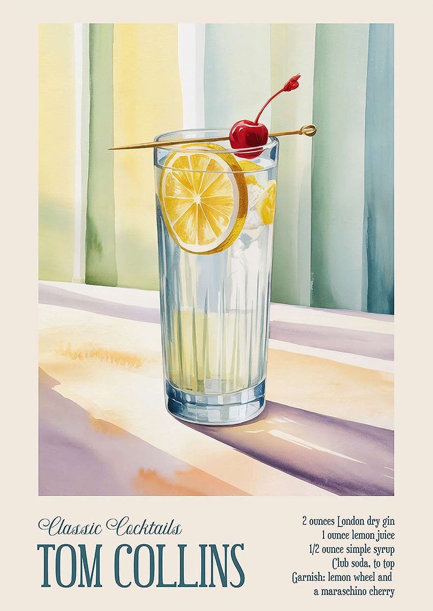 Delightful artwork of a Tom Collins cocktail featuring lemon slices and a cherry on a sunny background.