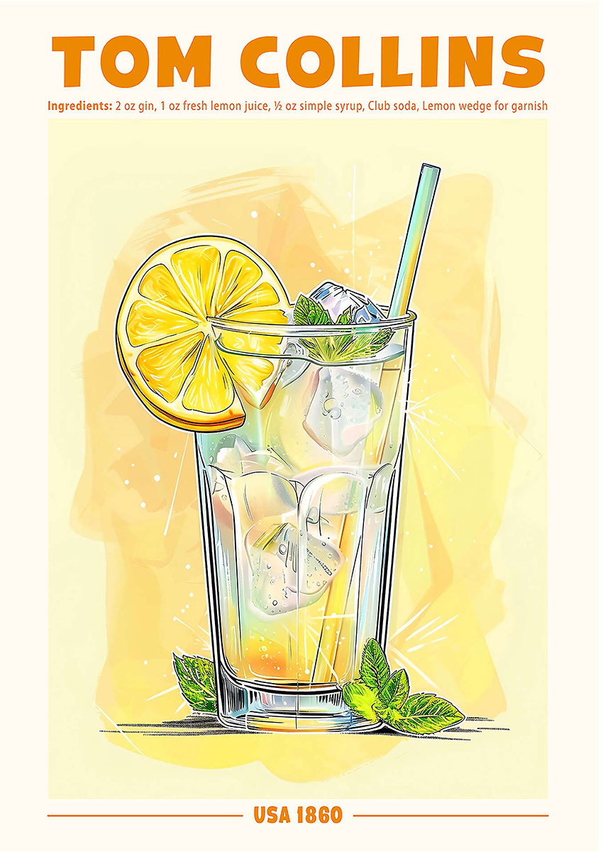 Illustration of a Tom Collins cocktail with lemon and mint leaves on a light background.