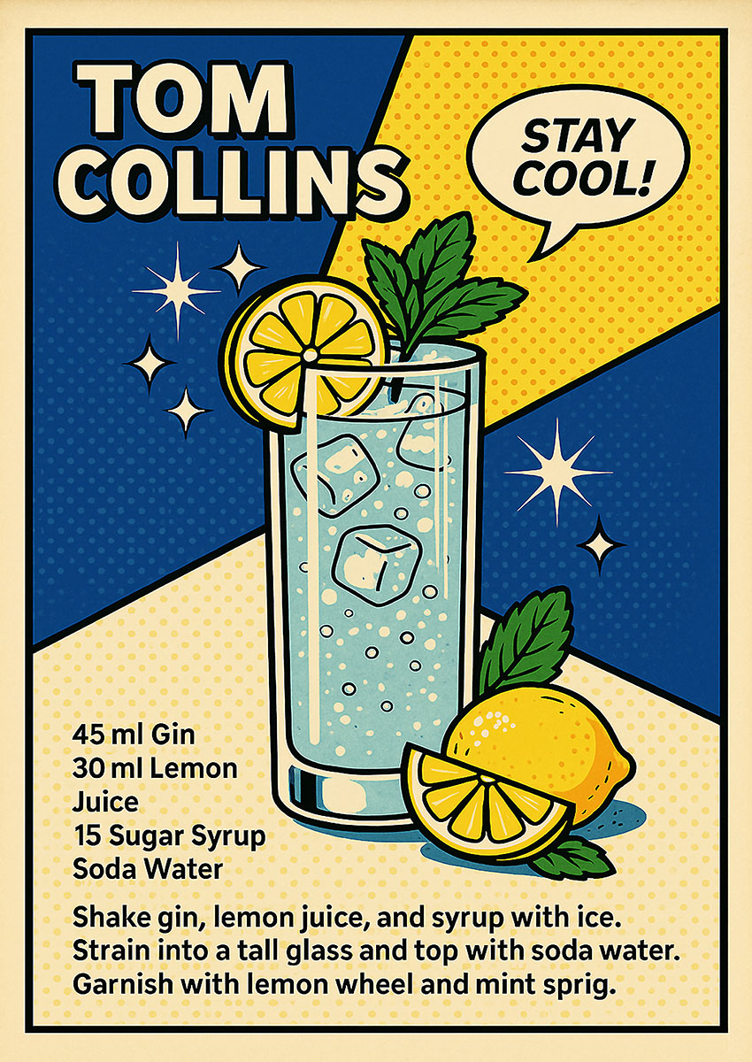 Vibrant illustration of a Tom Collins cocktail served with lemon and mint leaves, set against playful background shapes.