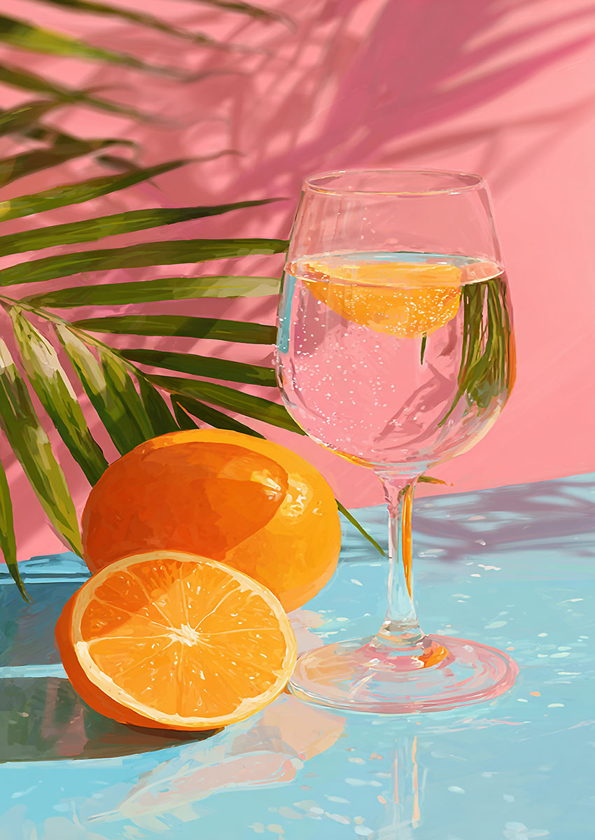 Vibrant artwork of a bright orange cocktail with a slice of orange on a blue table, set against a pink background with palm leaves.