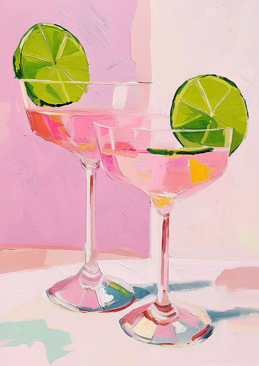Vibrant artwork of two cocktail glasses with lime slices on a pink background.