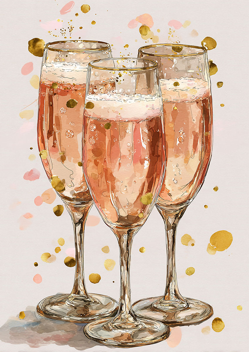 Artwork of three pink champagne glasses with bubbles and gold accents.