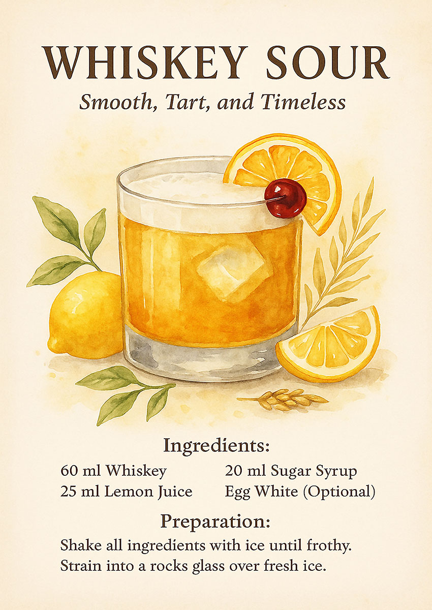 Artwork of a refreshing Whiskey Sour cocktail with lemon and cherry garnishes on a light background.