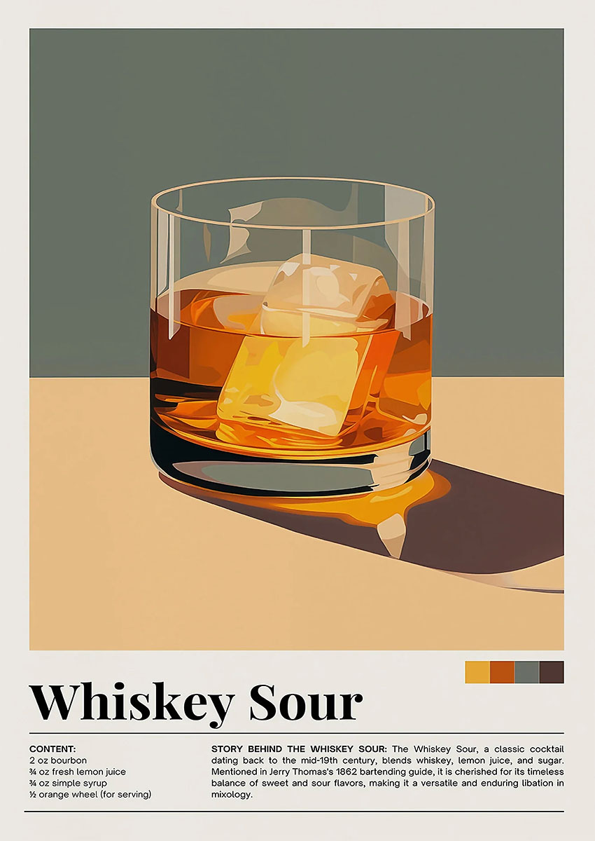 Dramatic artwork of a Whiskey Sour cocktail in a glass with ice cubes on a minimalistic background.