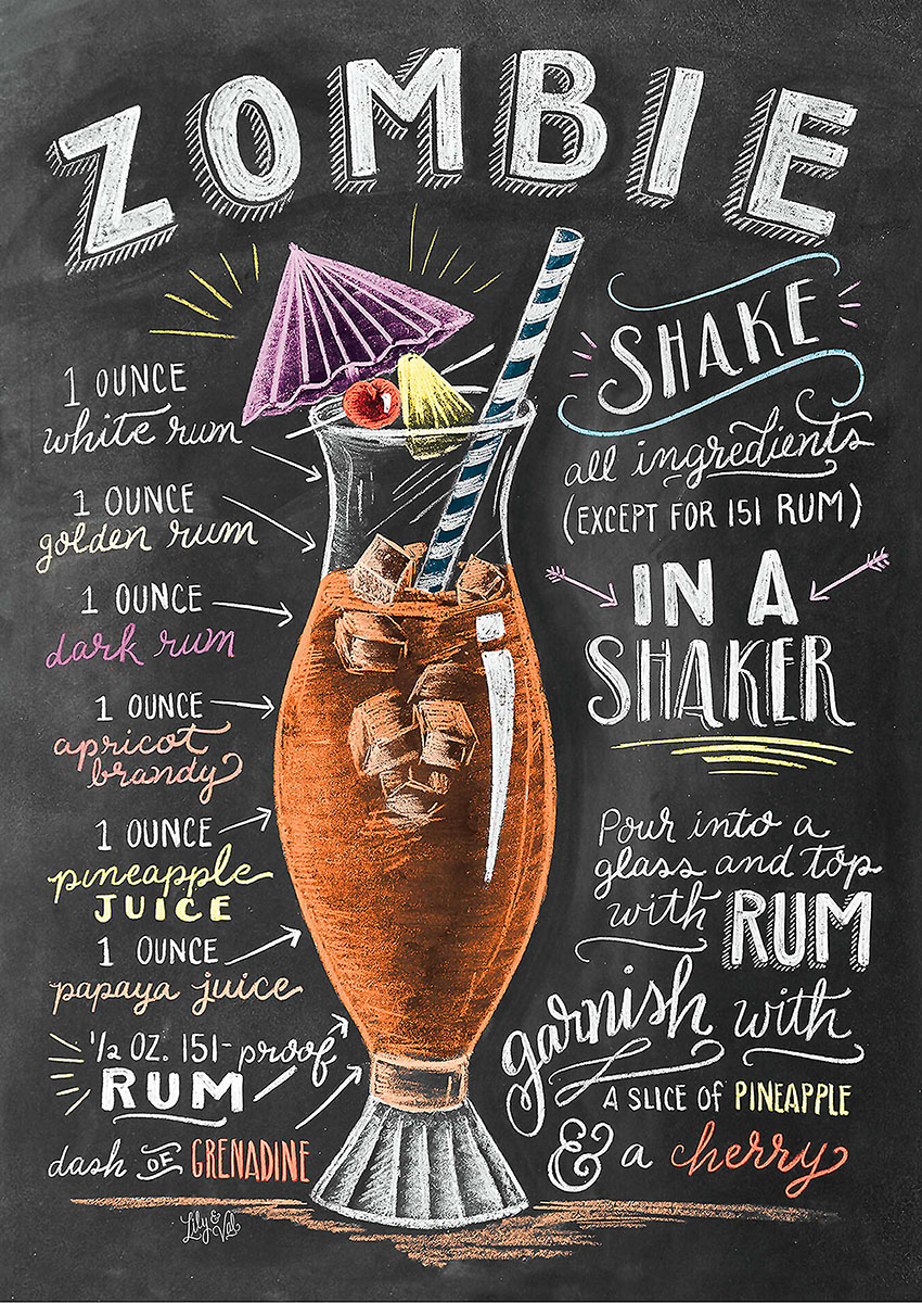 Vibrant artwork of a Zombie cocktail featuring layered rums and fresh garnishes on a chalkboard background.