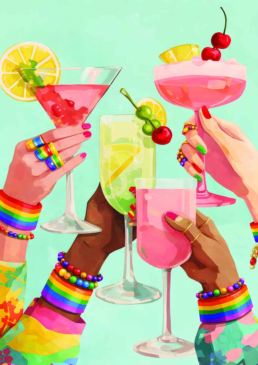 Vibrant artwork featuring colourful cocktails held by joyful hands against a pastel background.