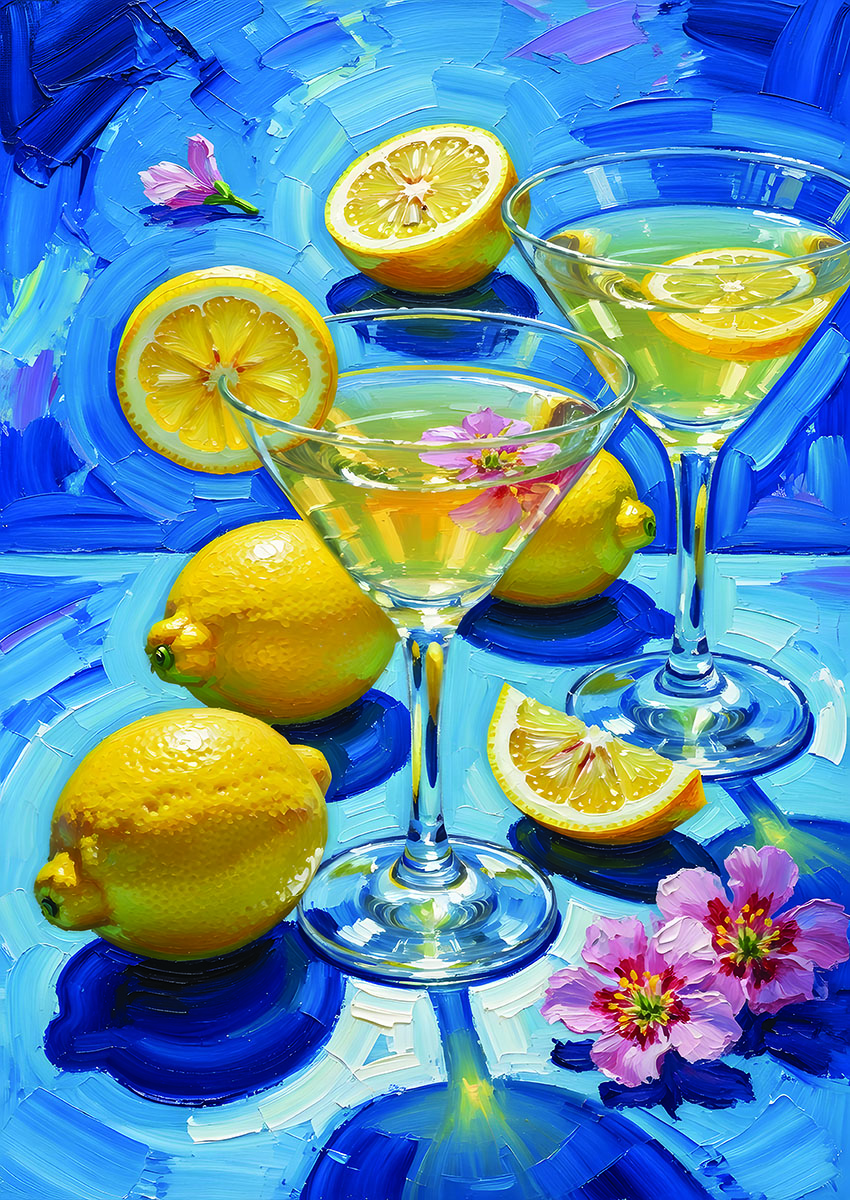 Vibrant artwork of a bright yellow cocktail with lemons and flowers on a blue background.