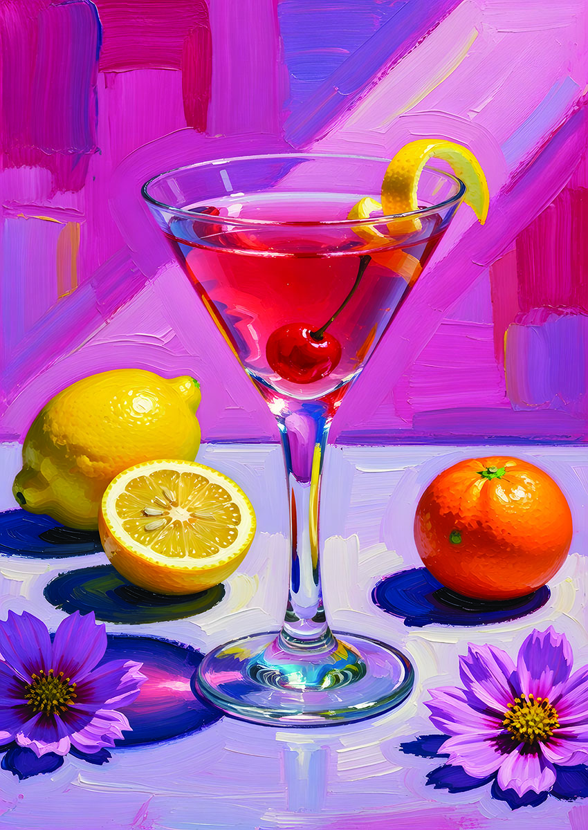 Colourful artwork of a vibrant pink cocktail surrounded by lemons and hibiscus flowers.