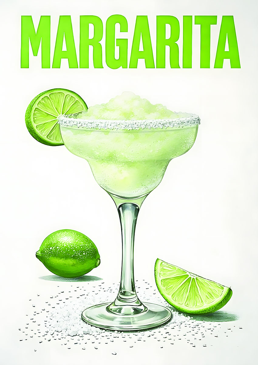 Vibrant artwork of a Margarita cocktail in a glass with limes and salt