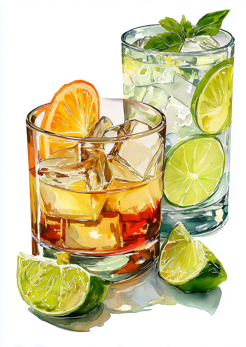Vibrant artwork of cocktail drinks with fresh citrus fruits on a clean background.